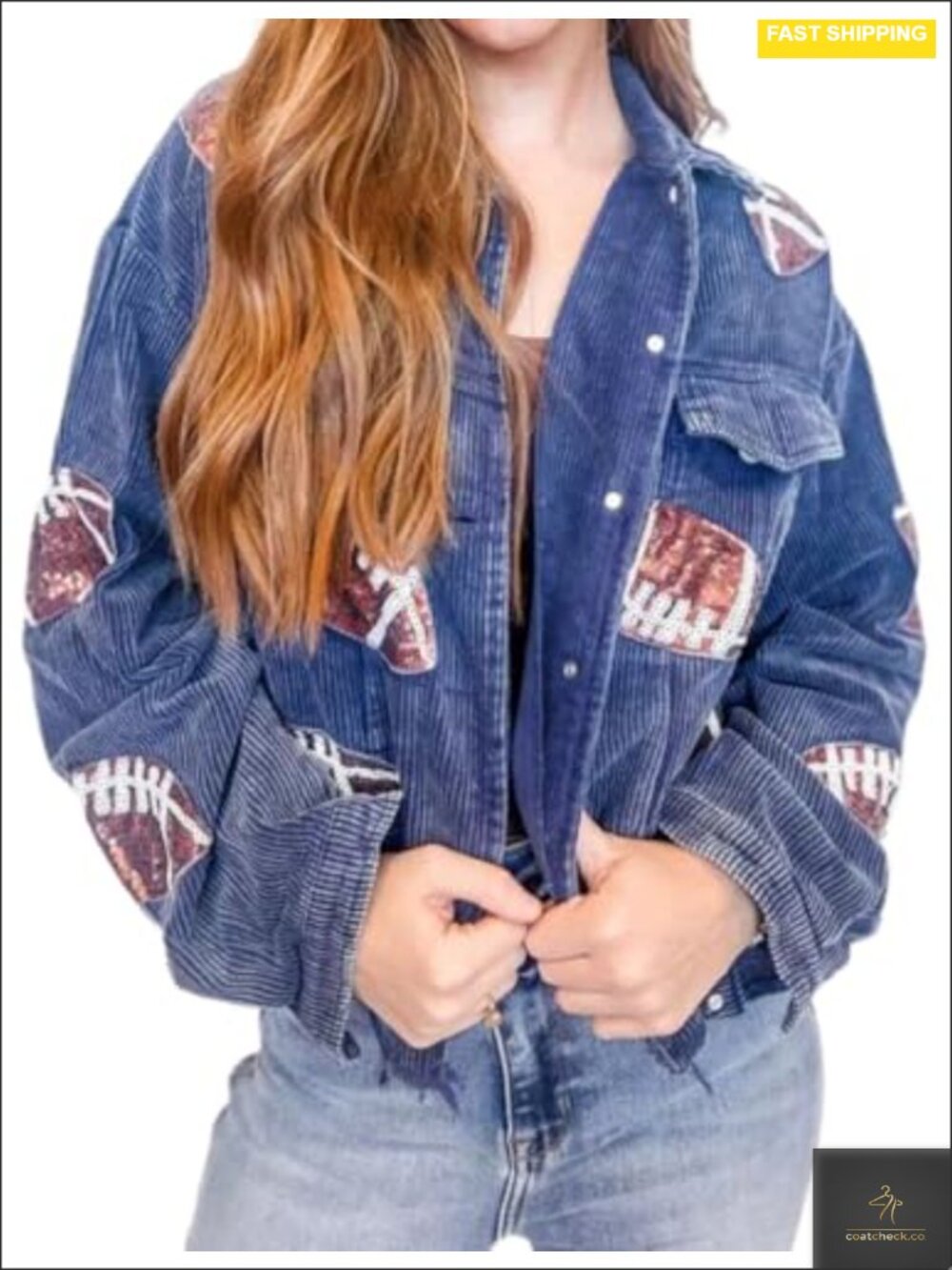 Women's Cropped Corduroy Shacket Sequined Football Rugby Patch Fringe Hem